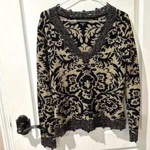 Adrienne Vittadini Damask Baroque Black and Gold Metallic Knit Sweater